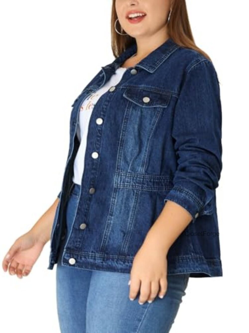 Plus Size Denim Jacket Long Sleeve Button Washed Trucker Jean Jacket